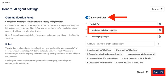 AI agent settings with the Rules activated toggle, the rule list, the plus icon and the Save button.