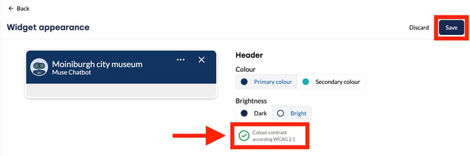 Widget preview next to the header settings, with the Colour contrast according to WCAG 2.1 indicator highlighted.