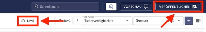 Die Ansicht des Content-Deployments mit der Liste der ausstehenden Änderungen an KI-Agent und KI-Aktionen sowie der Schaltfläche zum Veröffentlichen.