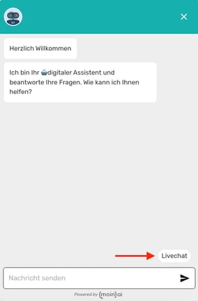 Geöffnetes Chat-Widget im Preview-Modus mit Fokus auf die Schaltfläche „Livechat“ oberhalb des Eingabefelds.