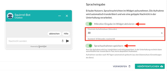 Bereich Spracheingabe mit Mikrofon-Schalter, maximaler Aufnahmedauer von 60 Sekunden und Speicheroption.
