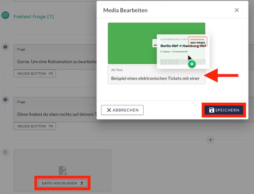 Dialog Media Bearbeiten mit Vorschaubild, Feld Alt-Text und hervorgehobenem Button Speichern.