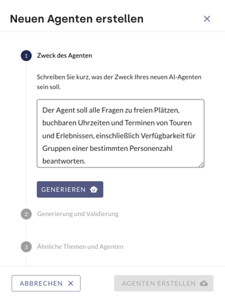 Die Maske eines neu angelegten KI-Agenten mit dem Namen Ticketverfügbarkeit, dem mehrzeiligen Beschreibungsfeld und fünf darunter erfassten Beispielfragen.