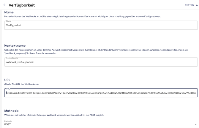 Die Webhook-Maske im moinAI Hub mit dem Namen „Verfügbarkeit“, der Methode POST, der eingefügten Ziel-URL, der Authentifizierung „Keine“ und den beiden Headern X-Tenant-Domain und Accept-Language.