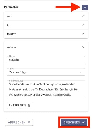 Die Parameteranlage einer KI-Aktion mit dem Parameternamen von, der Typauswahl Zeichenfolge und dem darunterliegenden Beschreibungsfeld mit der Formatvorgabe YYYY-MM-DD.
