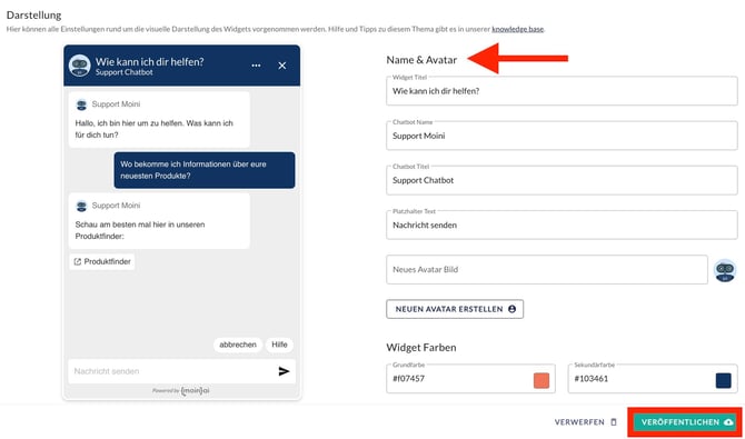 Bereich Name & Avatar mit den Feldern Widget Titel, Chatbot Name, Chatbot Titel und Platzhalter Text.