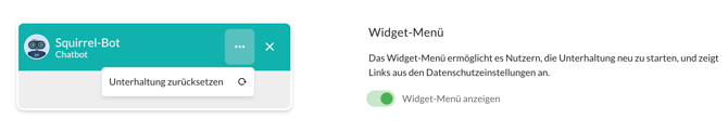 Kopfzeile des Chat-Widgets mit geöffnetem 3-Punkte-Menü und dem Eintrag Unterhaltung neustarten.