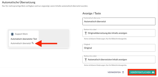 Bereich Automatische Übersetzung mit vier Feldern, daneben eine Nachricht mit dem Vermerk Automatisch übersetzt.
