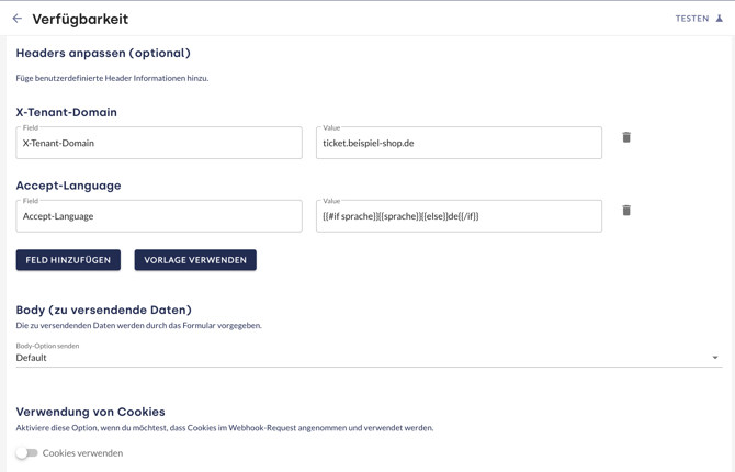 Die Webhook-Maske im moinAI Hub mit dem Namen „Verfügbarkeit“, der Methode POST, der eingefügten Ziel-URL, der Authentifizierung „Keine“ und den beiden Headern X-Tenant-Domain und Accept-Language.