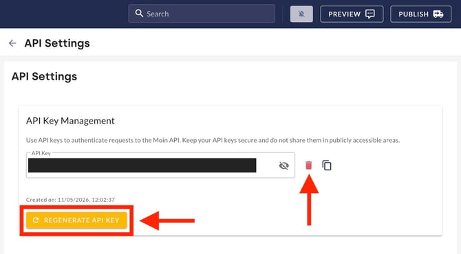 API settings with an existing API key, Regenerate API key and the bin icon highlighted.