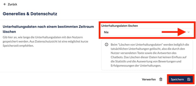 Geöffnete Auswahlliste der Einstellung Unterhaltungsdaten löschen im Bereich Generelles & Datenschutz mit den Optionen Nach 30, 60, 90, 120 und 180 Tagen sowie Nach einem Jahr.