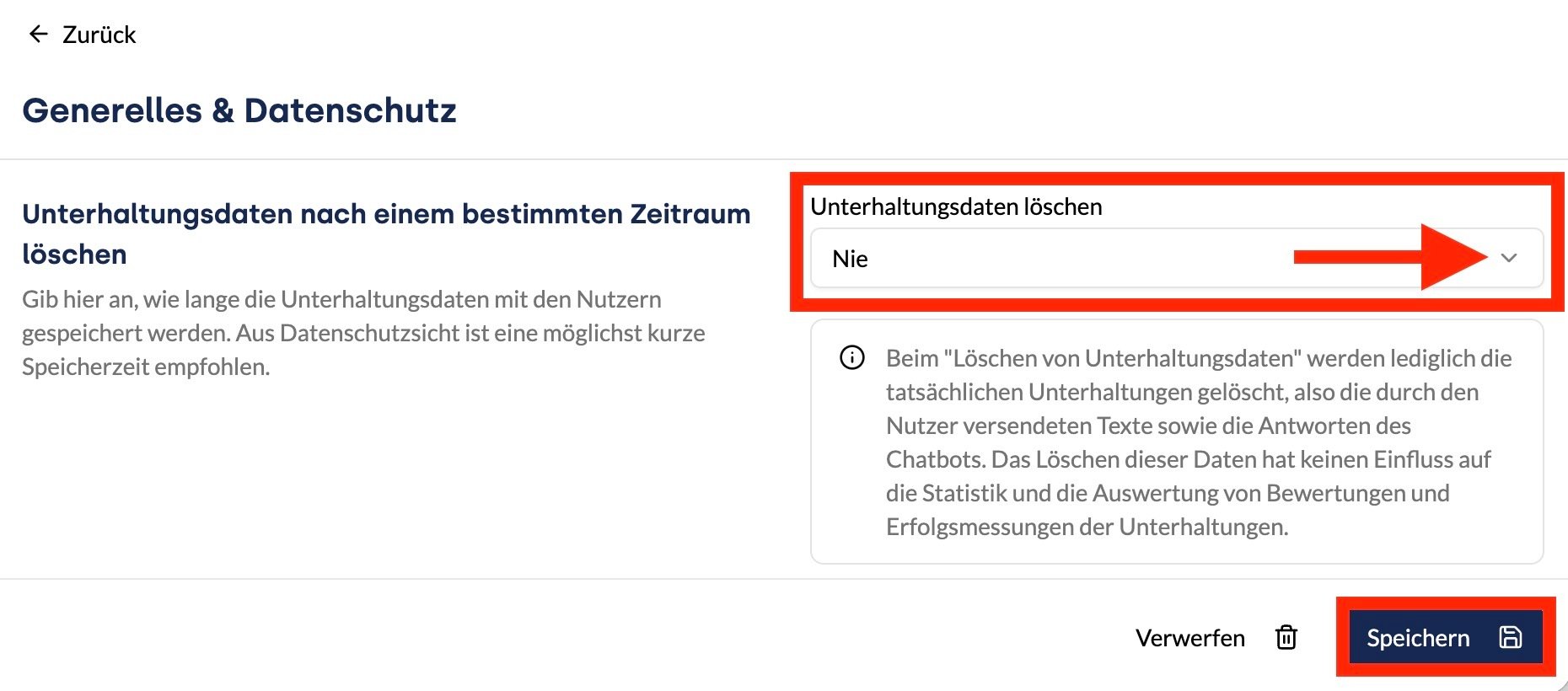 Geöffnete Auswahlliste der Einstellung Unterhaltungsdaten löschen im Bereich Generelles & Datenschutz mit den Optionen Nach 30, 60, 90, 120 und 180 Tagen sowie Nach einem Jahr.