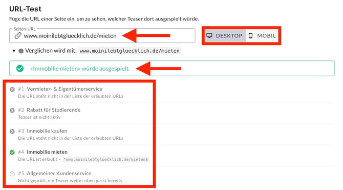 Der Teaser-URL-Tester prüft Regeln sequenziell für die Unterseite moinilebtgluecklich.de/mieten und zeigt die Statusbegründungen an.