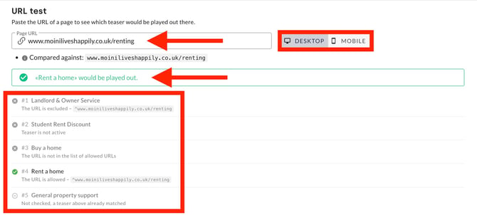 The Teaser URL Tester evaluating rules sequentially for the subpage moiniliveshappily.co.uk/renting with status reasons.