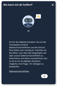 Datenschutzhinweis datenschutz startbildschirm chat widget chatbot