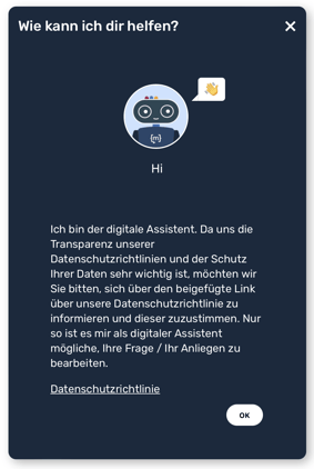 Startbildschirm des Chat-Widgets mit Begrüßungstext und Zustimmungsschaltfläche für den Datenschutz.