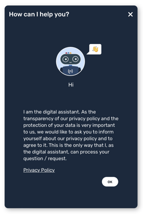Splash screen of the chat widget with a greeting and a data protection consent button.