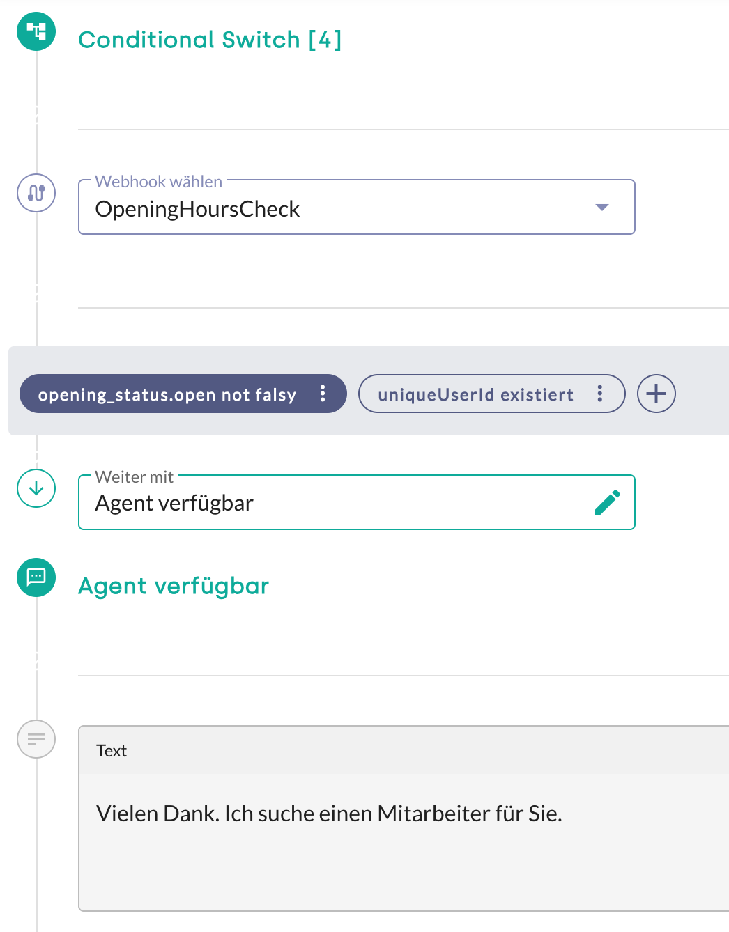 Workflow-Ausschnitt im moinAI Hub: Ein Conditional Switch prüft den Webhook 'OpeningHoursCheck' und leitet bei geöffnetem Status auf das Element 'Agent Verfügbar' weiter.