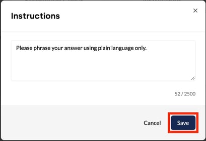 Instructions dialogue with text field, character counter and the Cancel and Save buttons.