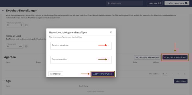 Dialogfenster „Agent hinzufügen“ mit Auswahlmenü für Benutzer und Gruppen sowie dem Bestätigungsbutton.
