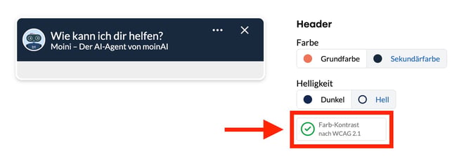 Widget-Vorschau neben den Header-Einstellungen, hervorgehoben die Anzeige Farb-Kontrast nach WCAG 2.1 mit grünem Haken.