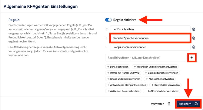KI-Agenten Einstellungen mit Schalter Regeln aktiviert, Regelliste, Plus-Symbol und Button Speichern.