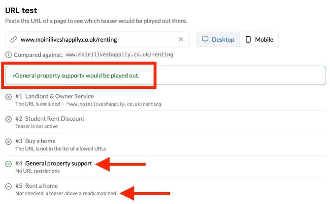 The URL tester showing General property support (#4) as a match and Rent a home (#5) as not checked