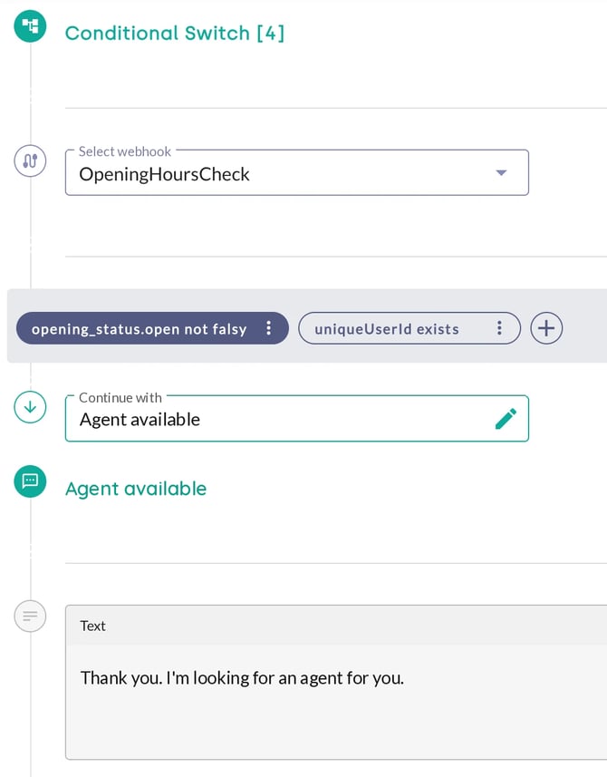 Form in the moinAI Hub: a conditional switch checks the OpeningHoursCheck webhook and routes to the Agent Verfügbar element.