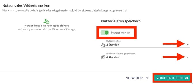 Bereich Nutzung des Widgets merken im moinAI Hub: Der Schalter Nutzer merken ist aktiviert, die Speicherdauer steht auf 2 Stunden und Merken ob Teaser geschlossen auf 4 Stunden. Gespeichert wird die Auswahl über Veröffentlichen.