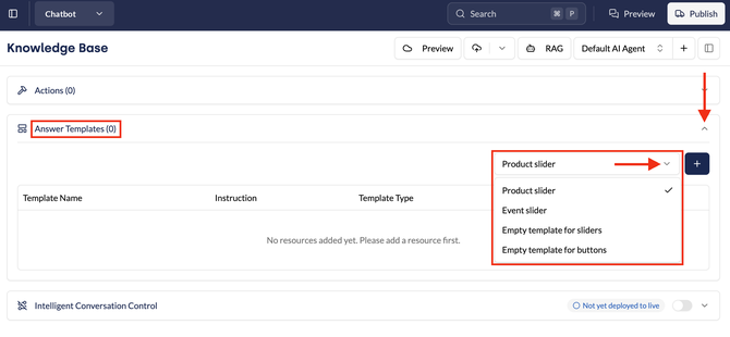 Knowledge Base with the Answer Templates section and the Select template drop-down open