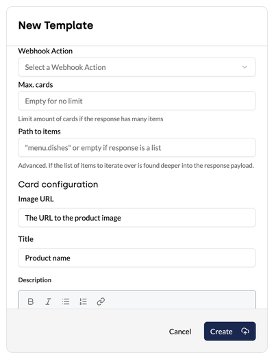 Card source Action Data with Webhook Action, Max. cards and Path to items