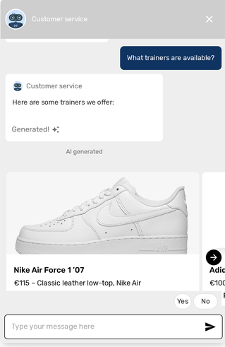 Chat with a product slider for trainers
