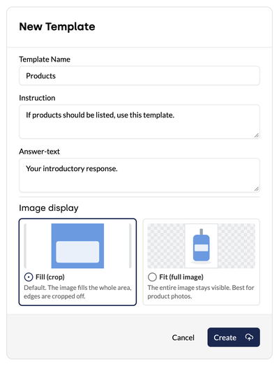 New Template window with Template Name, Instruction, Answer-text and Image display