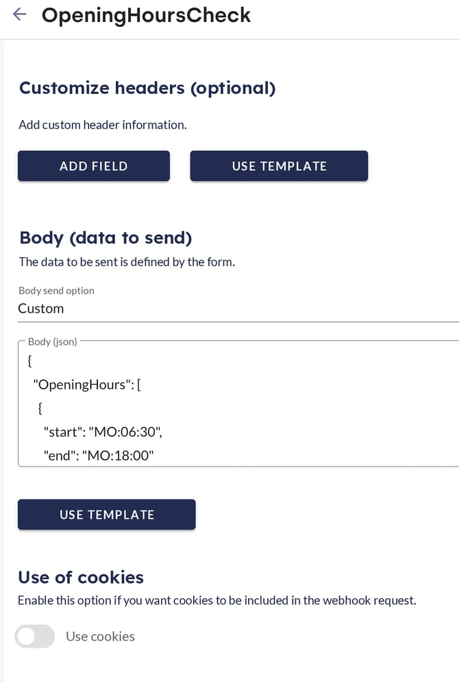 Settings of the OpeningHoursCheck webhook in the moinAI Hub with a JSON body for the service hours.